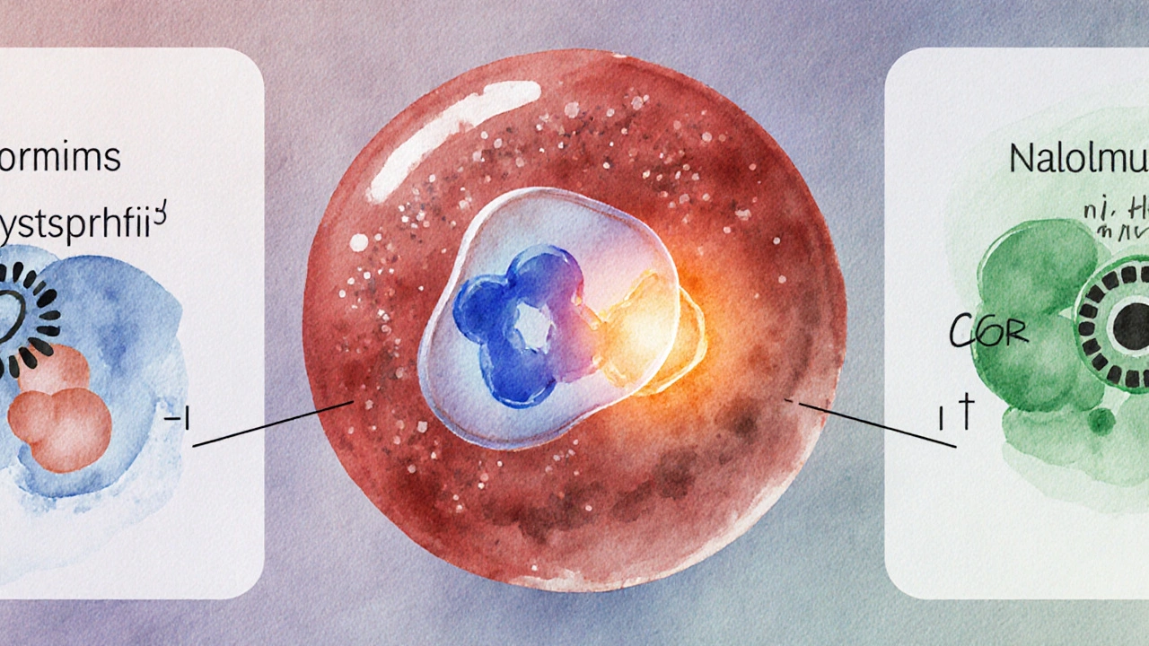 Watercolor illustration of cyclosporine blocking IL-2 in a T‑cell with other drug mechanisms.