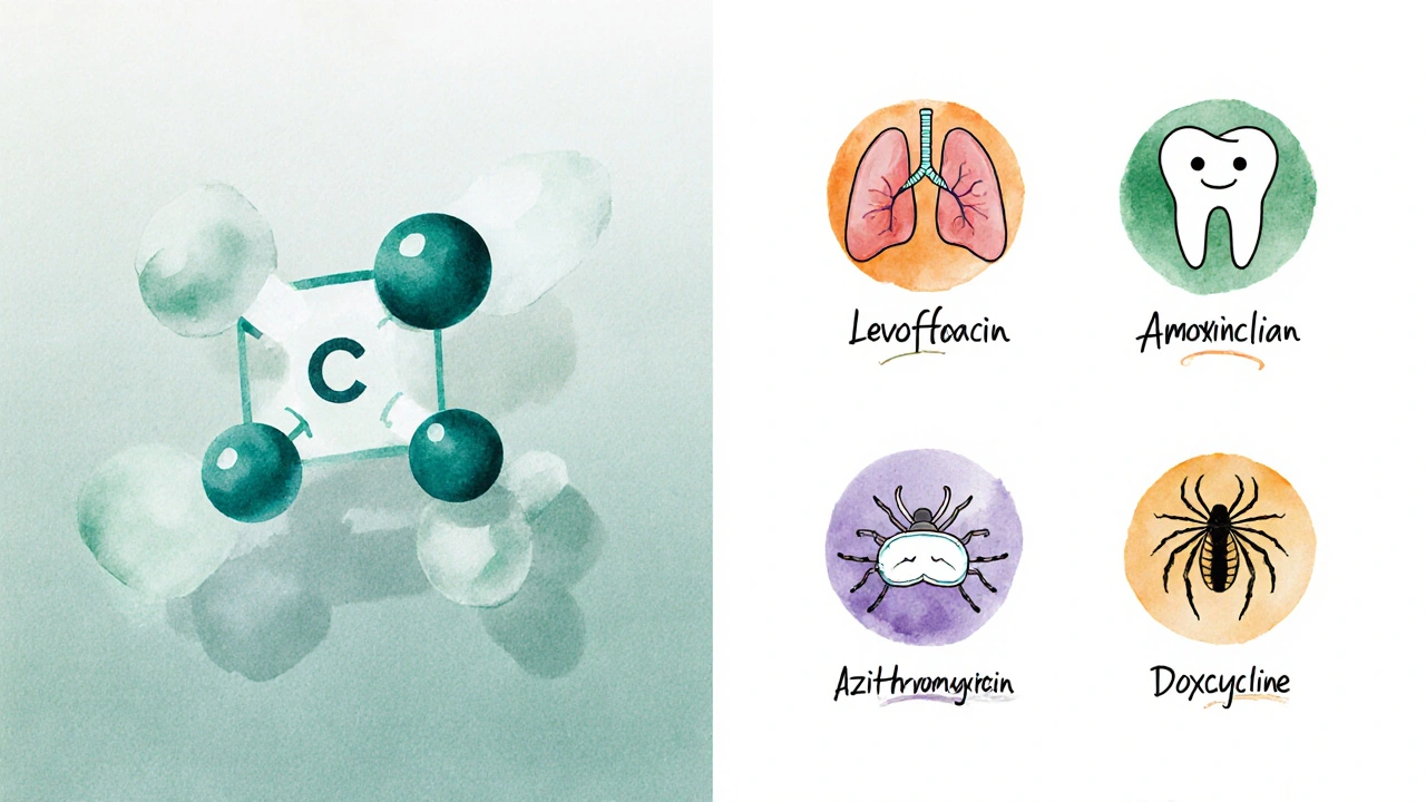 Watercolor split view of ciprofloxacin structure and alternative antibiotic icons.