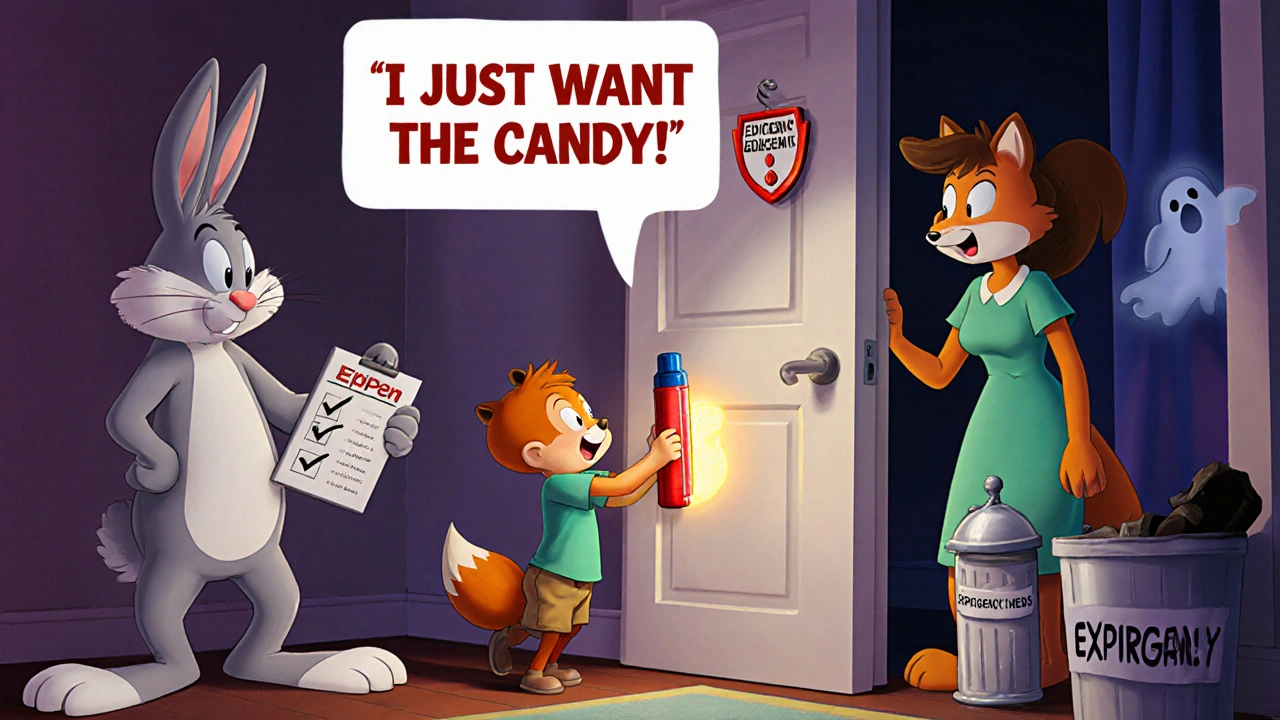 A cartoon family standing by a locked medicine box, with an emergency EpiPen glowing on the door.