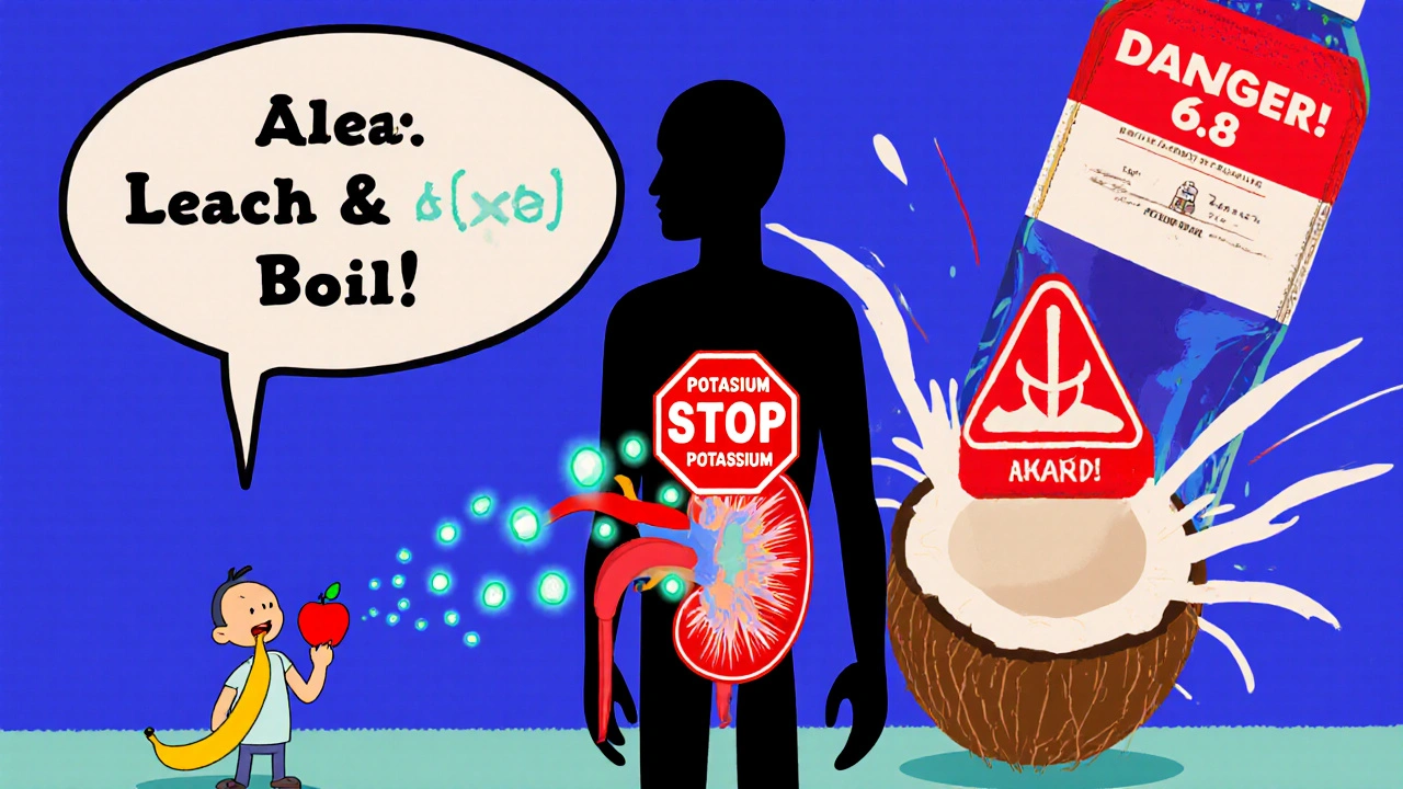 A cartoon kidney with a stop sign hat trapping potassium ions, while a patient eats a safe apple.