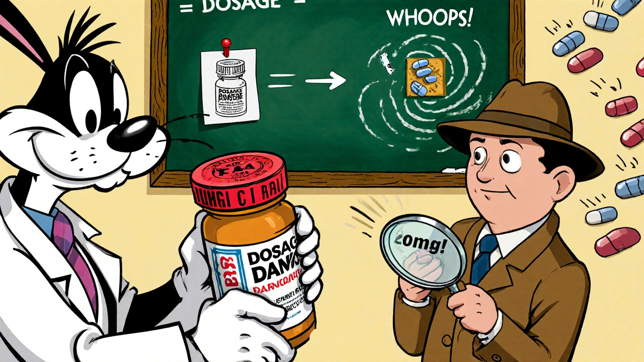 A detective-like patient examines prescription labels beside a photo, while a pharmacist stamps a generic manufacturer name.