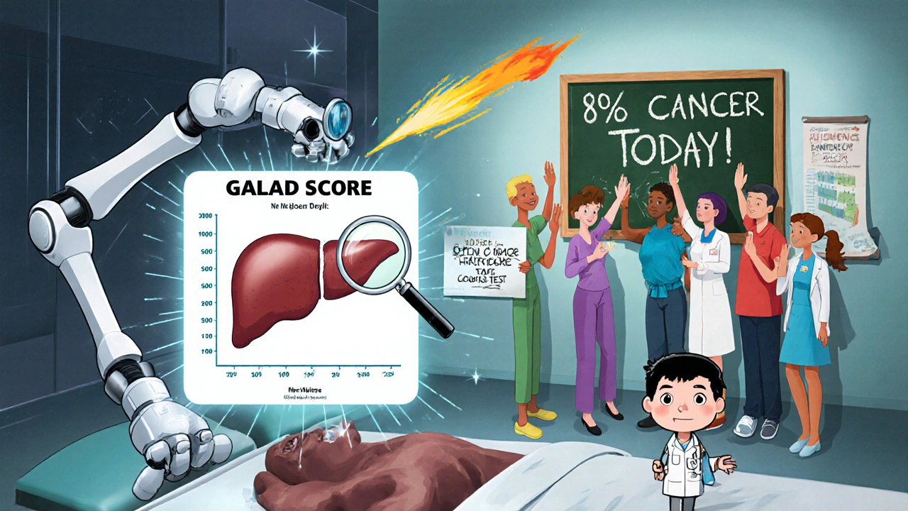 A futuristic clinic with AI robots and floating health scores in vibrant cartoon animation.