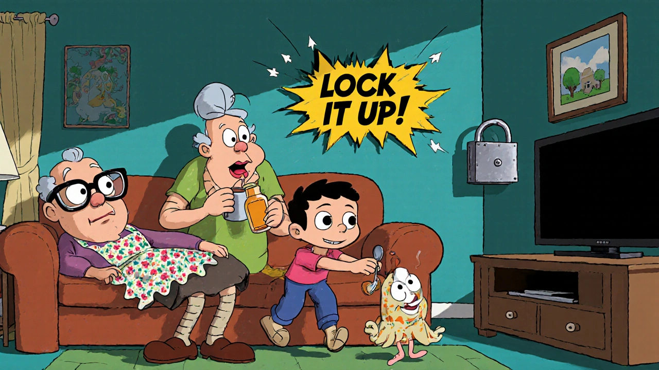 A grandchild pulling pills from a purse as a grandparent gasps, with a &#039;LOCK IT UP!&#039; sign on the wall.