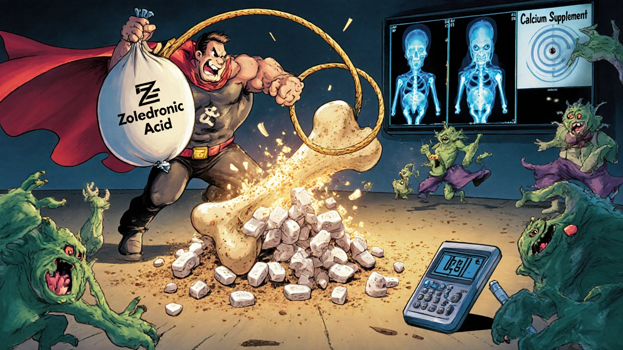 A heroic bone in a cape using an IV bag to smash crumbling calcium pills, osteoporosis monsters fleeing.