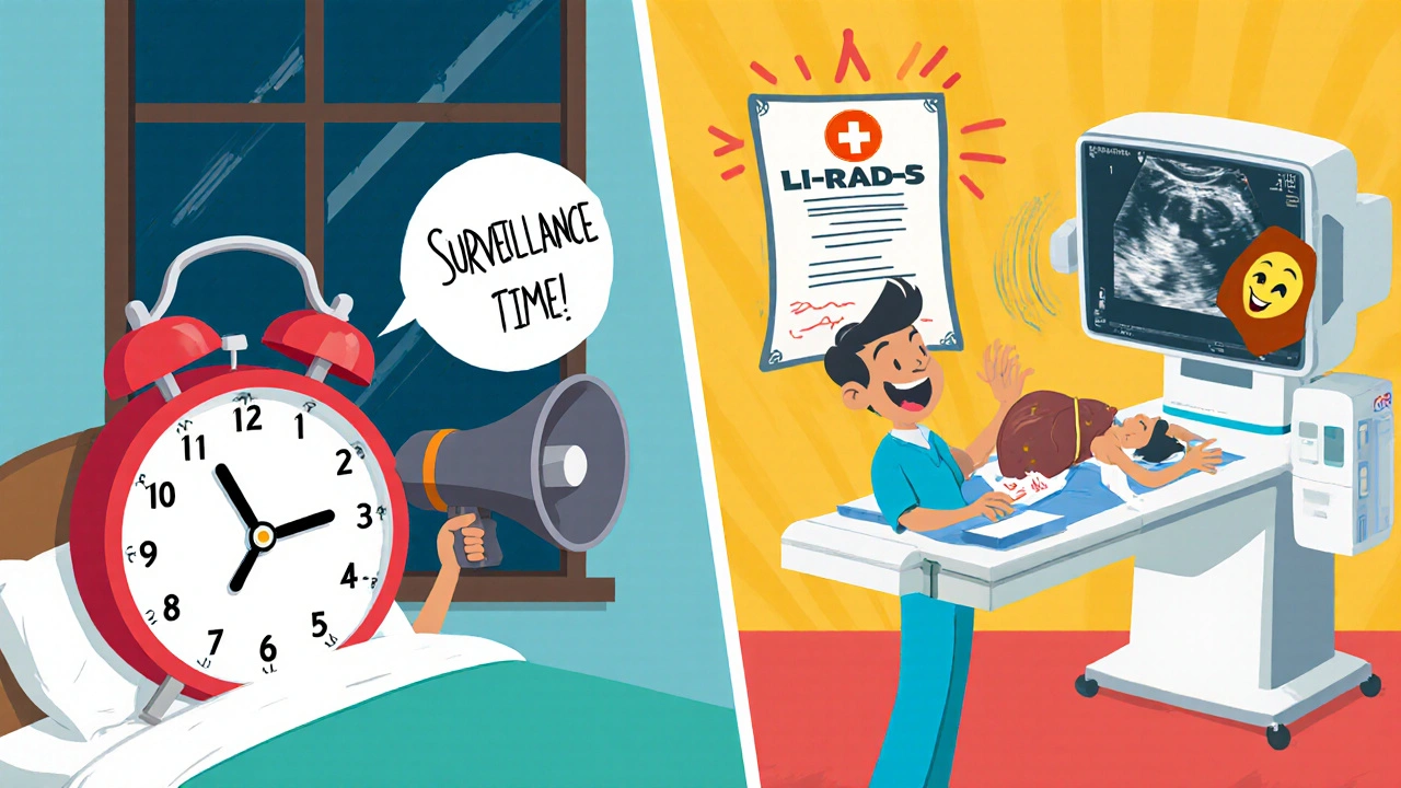 A patient awakened by a liver alarm clock and happily receiving an ultrasound in a comedic medical scene.