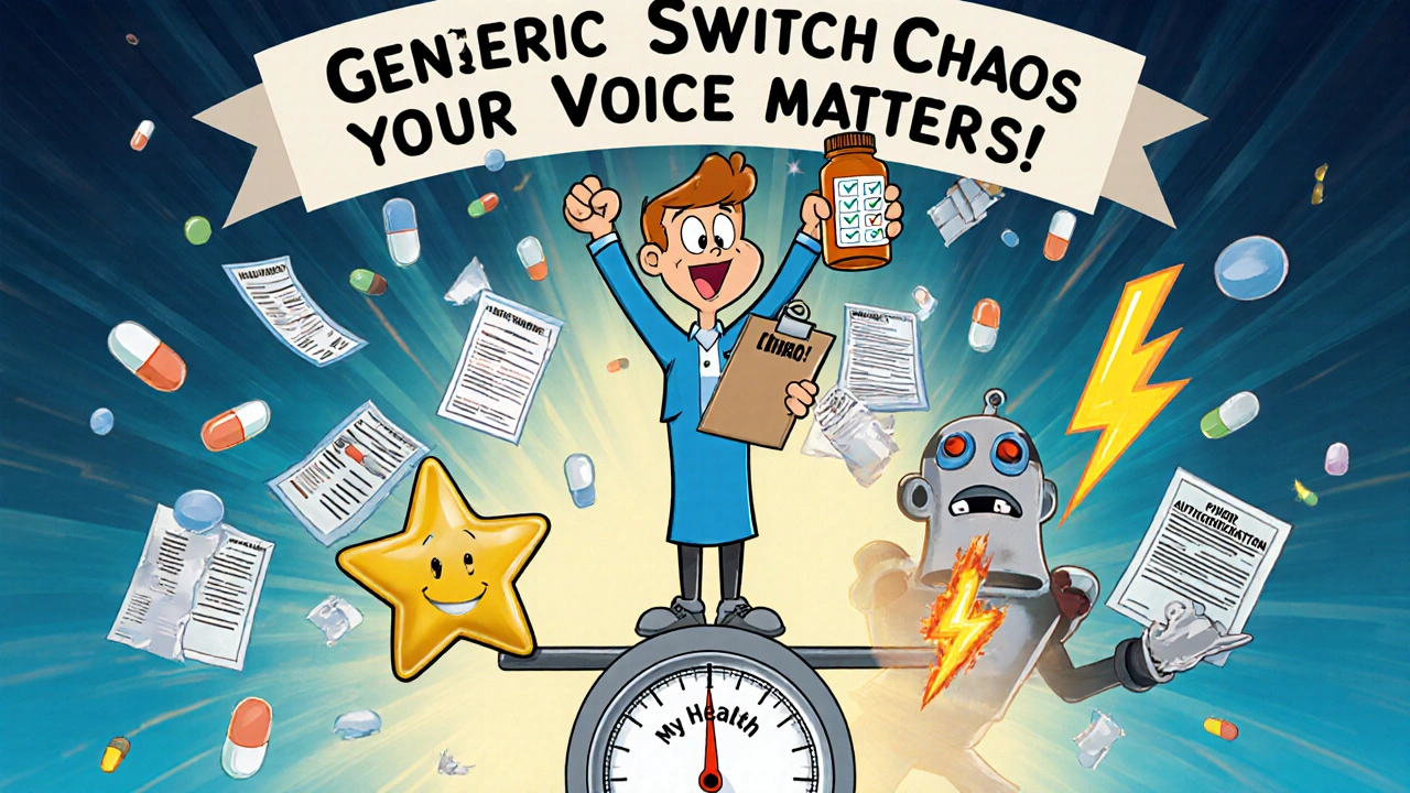 A patient celebrates health with a pharmacist as chaotic generic switch chaos fades away.