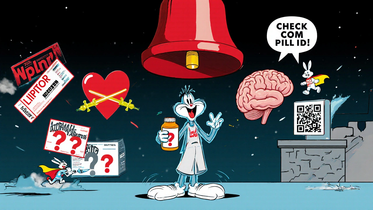 A person freezes in shock as pill labels duel in midair, with a giant alarm bell and pharmacist shouting &#039;Check the label!&#039;