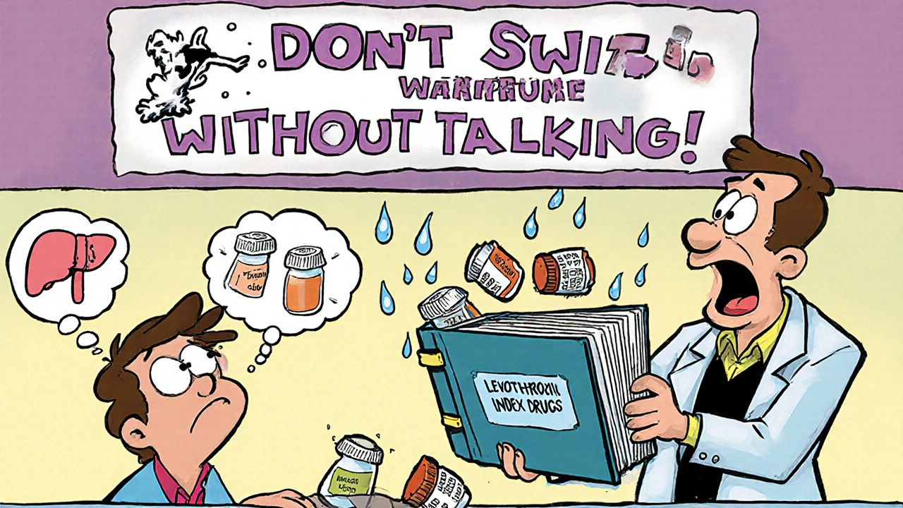 A pharmacist consults a giant binder on high-risk medications in a lively cartoon pharmacy.