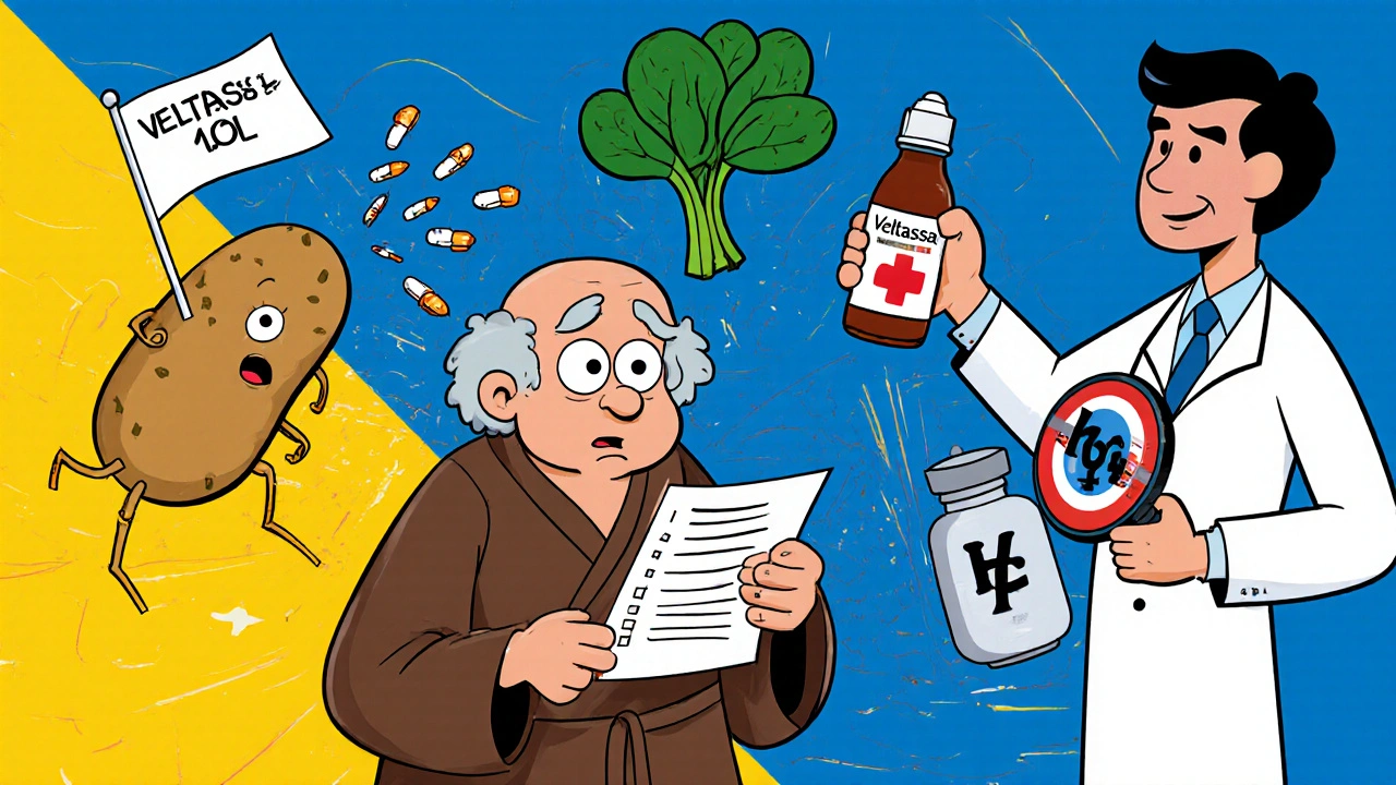 An elderly man shocked by high potassium levels, surrounded by rebellious foods and a superhero binder.