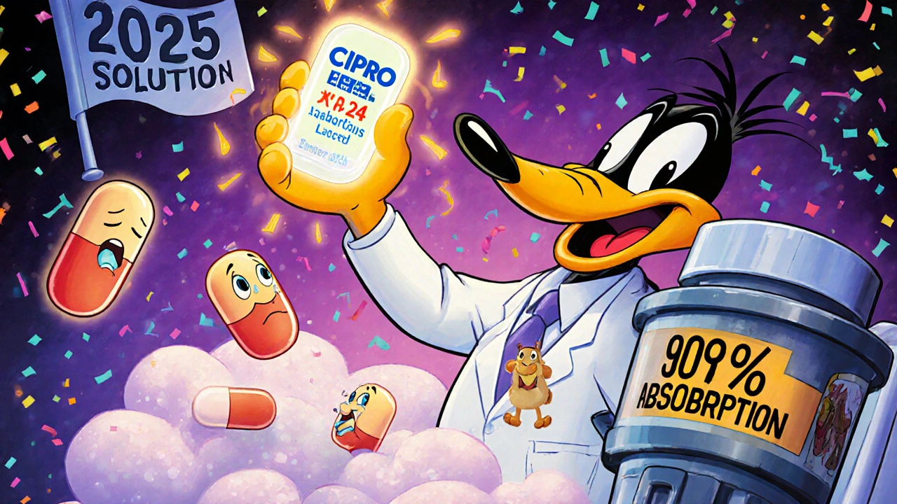 Elmer Fudd holds a new antibiotic pill that ignores antacids, while old pills get sucked away.