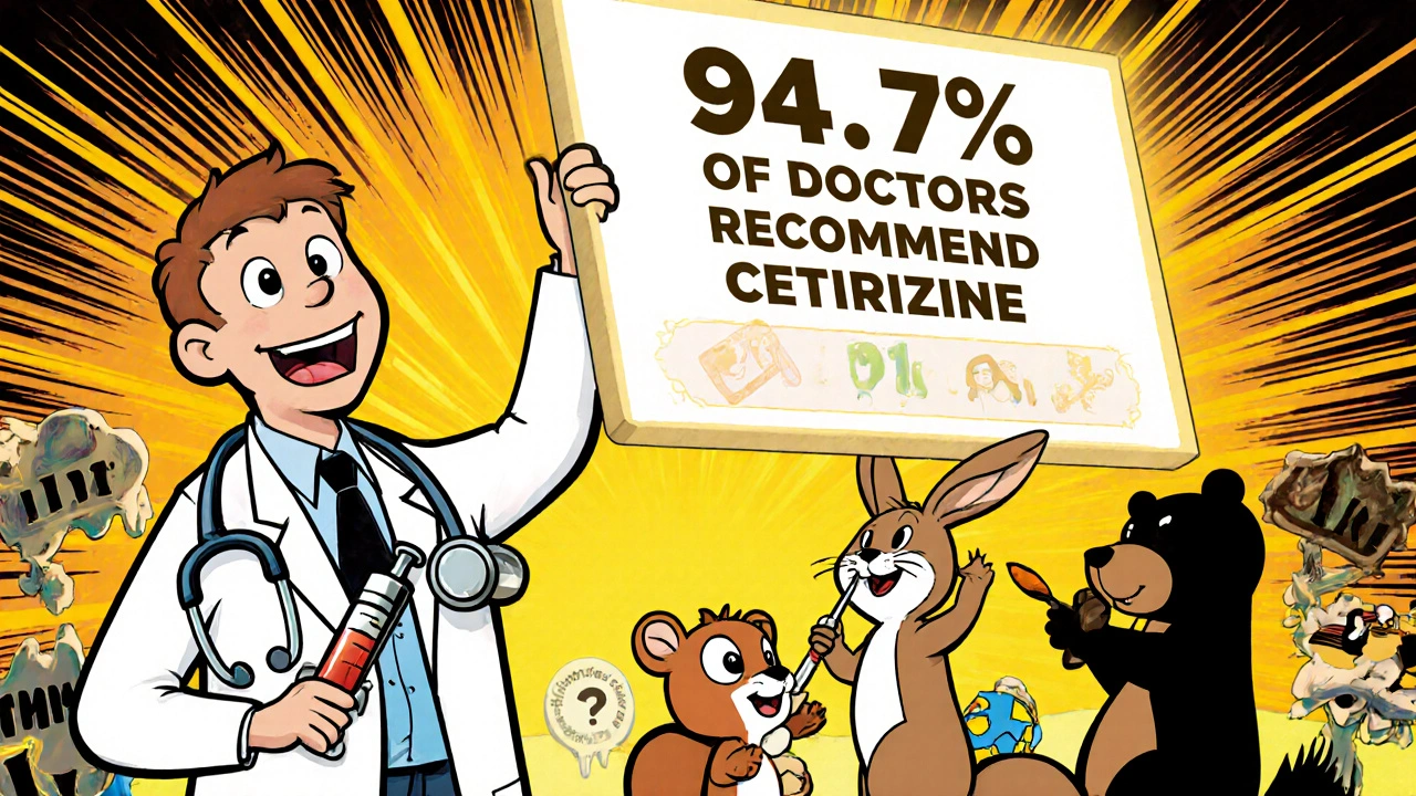 Family of cartoon animals taking correct antihistamine doses with syringes, doctor holding a safety chart.