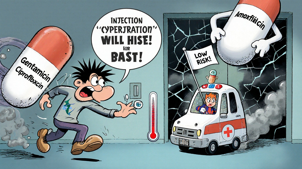 Fleeing patient chased by dangerous antibiotic pills while safe one rescues them, Looney Tunes style