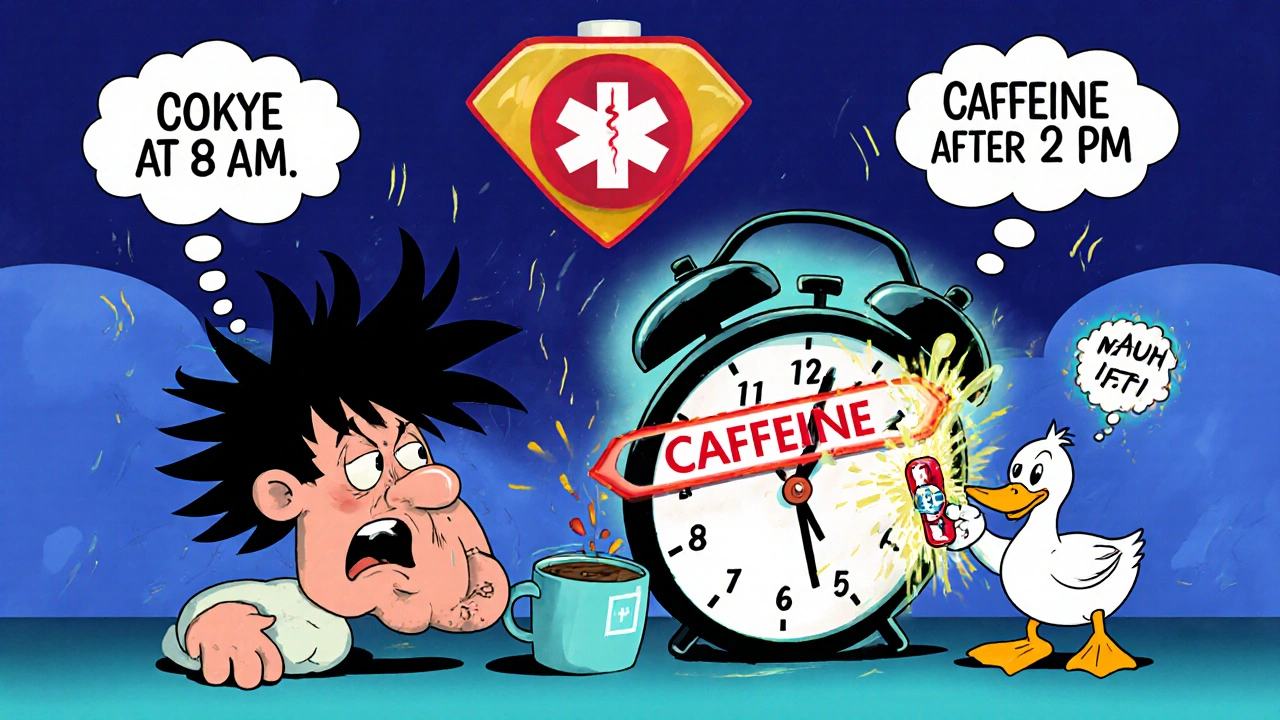 Frazzled person with mood swing thought bubbles, clock enforcing morning dose, therapist duck offering comfort.