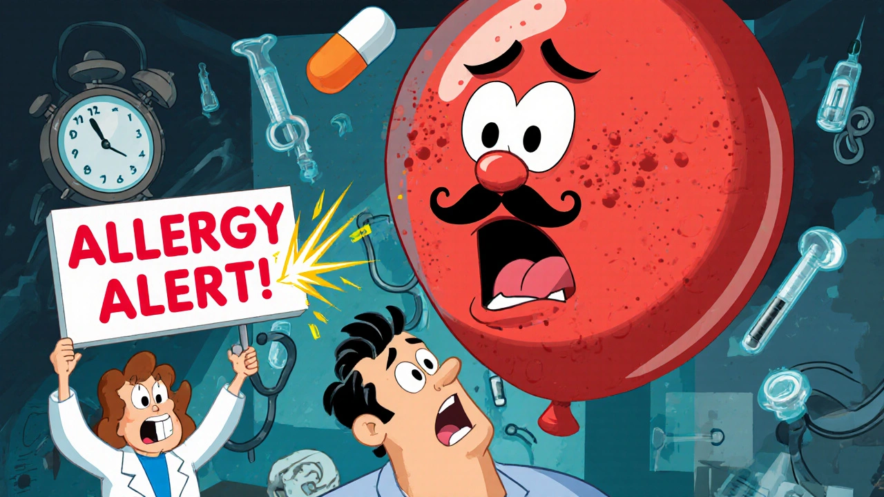 Man&#039;s face ballooning with hives as penicillin pill escapes like a villain, nurse holding allergy alert sign