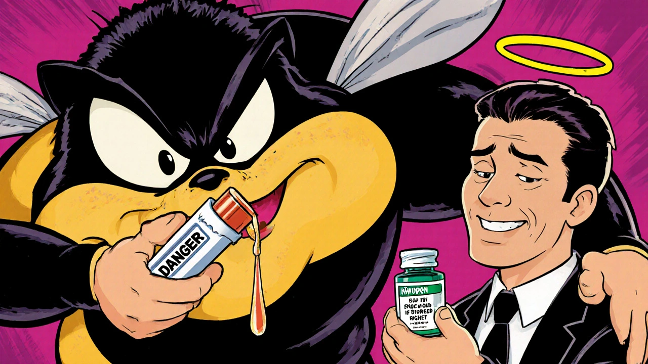 Man holding expired EpiPen as a giant bee threatens him, while another holds safe ibuprofen