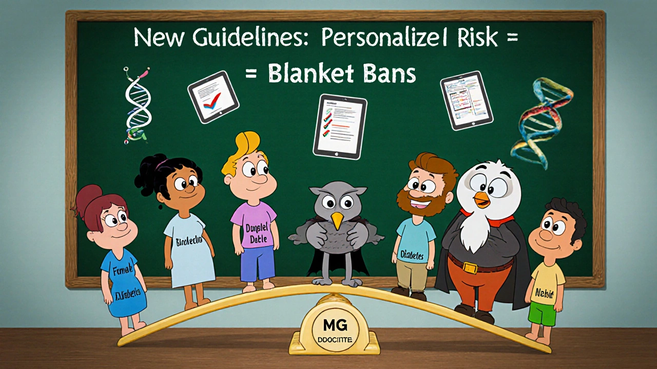 MG patients on risk scale with neurologist adjusting factors, cartoon chalkboard showing new guidelines