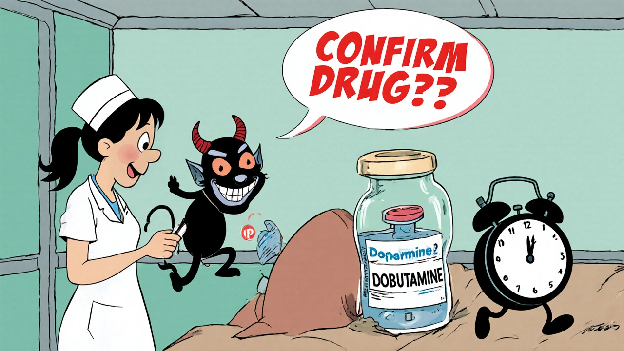 Nurse about to give wrong drug as cartoon Dopamine demon escapes vial, with AI alert balloon popping above.