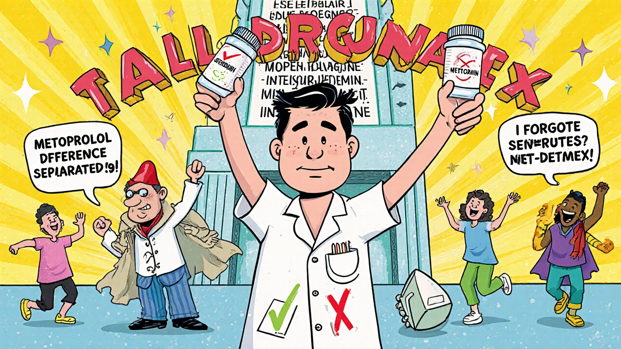 Patient holds correct pills while pharmacist holds sign admitting mistake, with tall man lettering as a heroic backdrop.