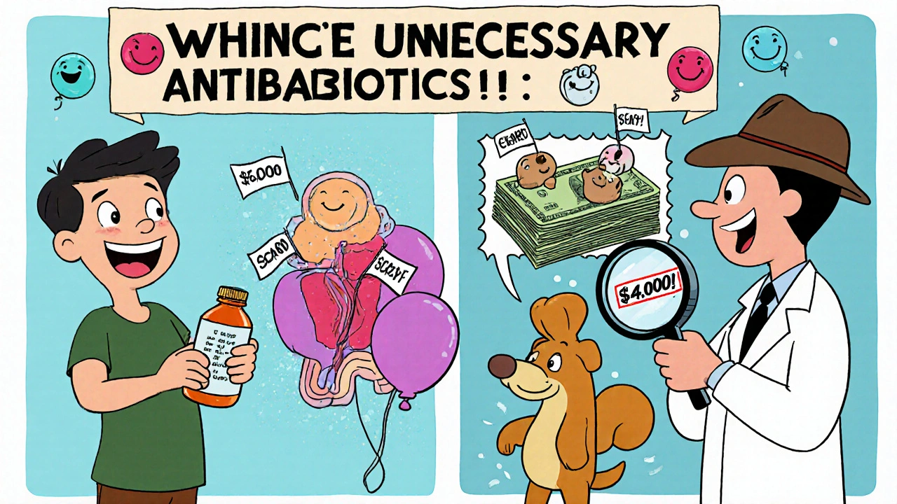Patient smiling with penicillin bottle as allergist detects harmless immune response, dollar bill turns to balloon
