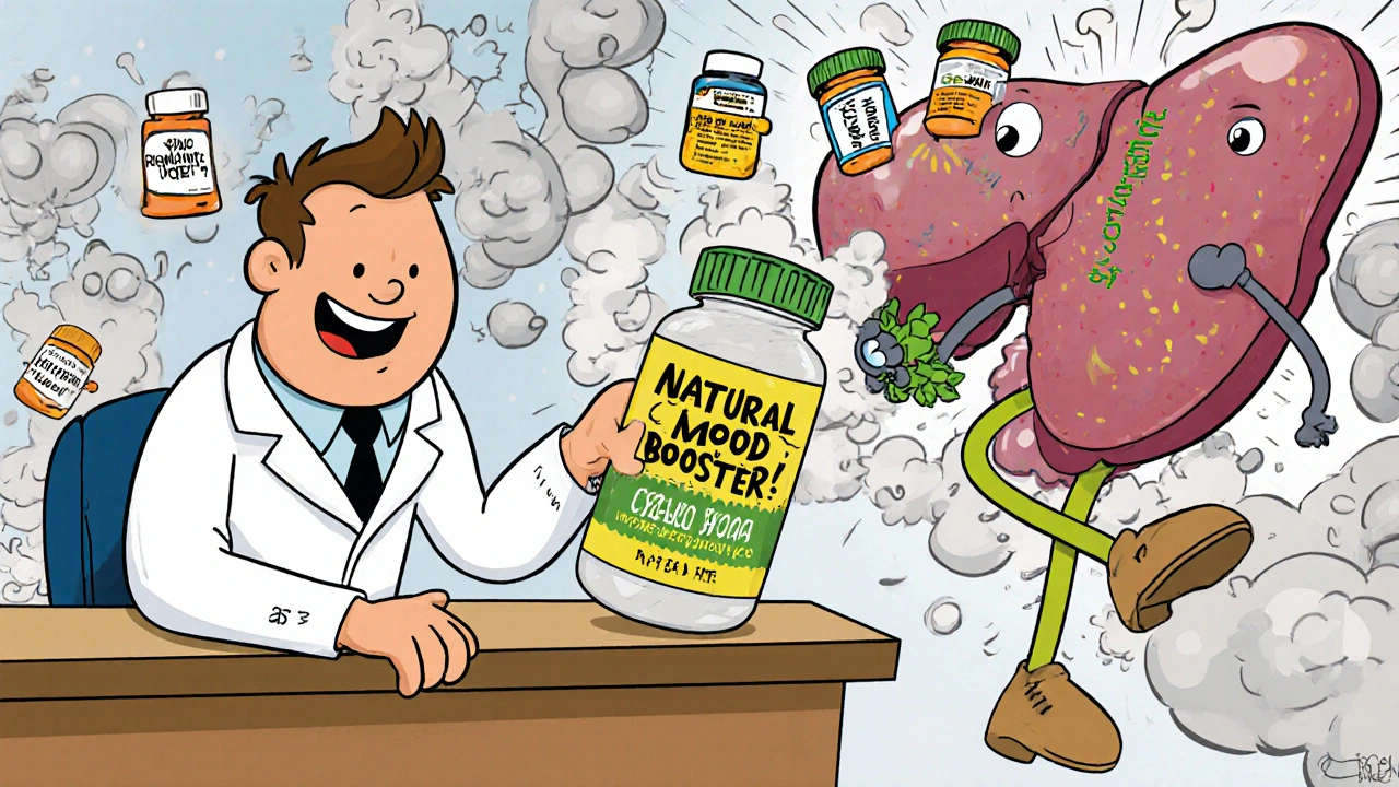 Pharmacist handing over St. John’s Wort as a cartoon liver activates drug-clearing switches.