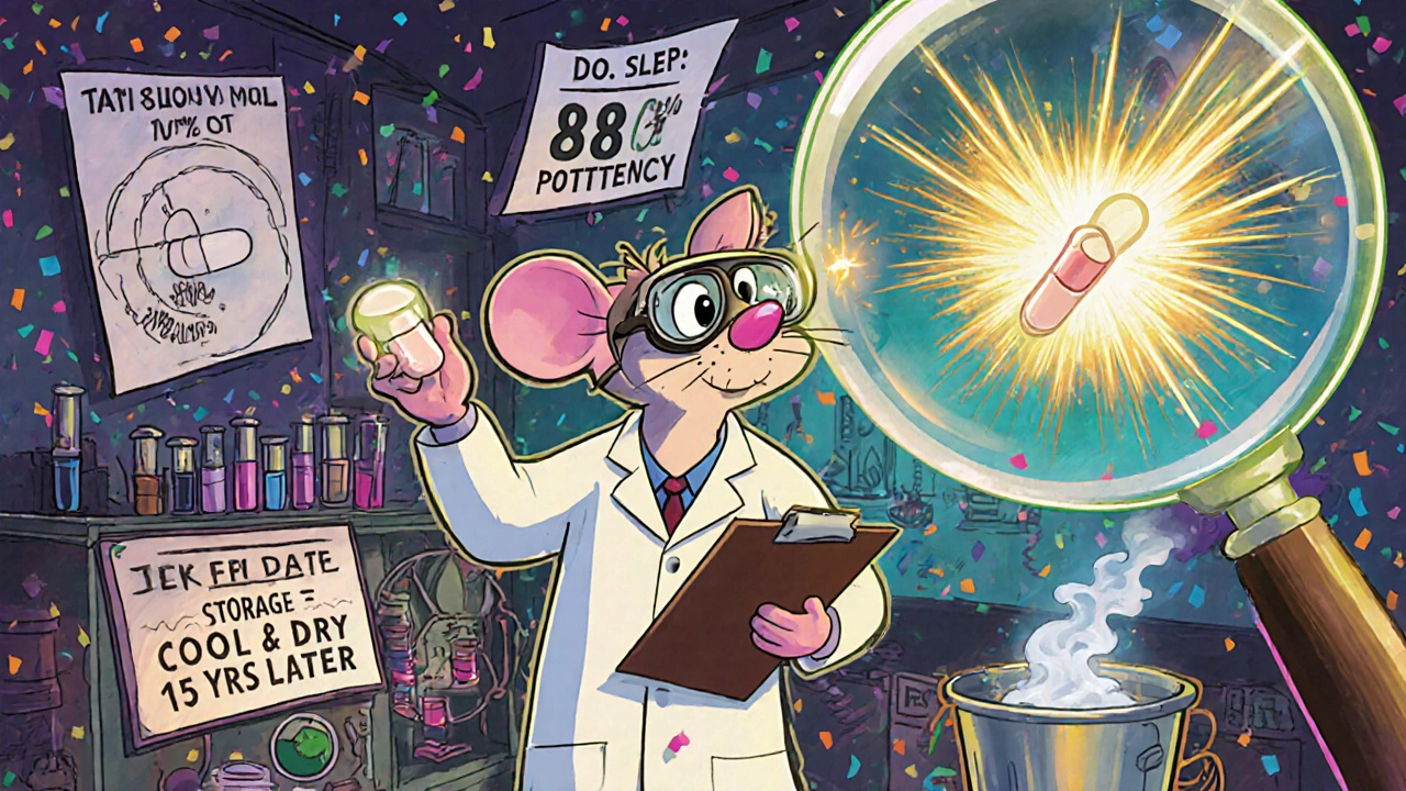 Scientist mouse comparing pills with glowing potency charts in a colorful lab