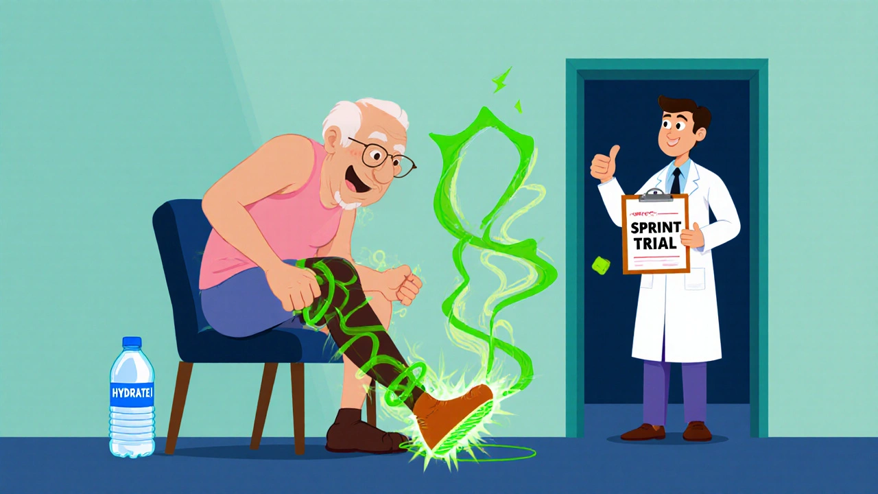 Senior standing slowly with glowing leg energy waves, wearing compression socks, drinking water, and smiling as doctor approves.