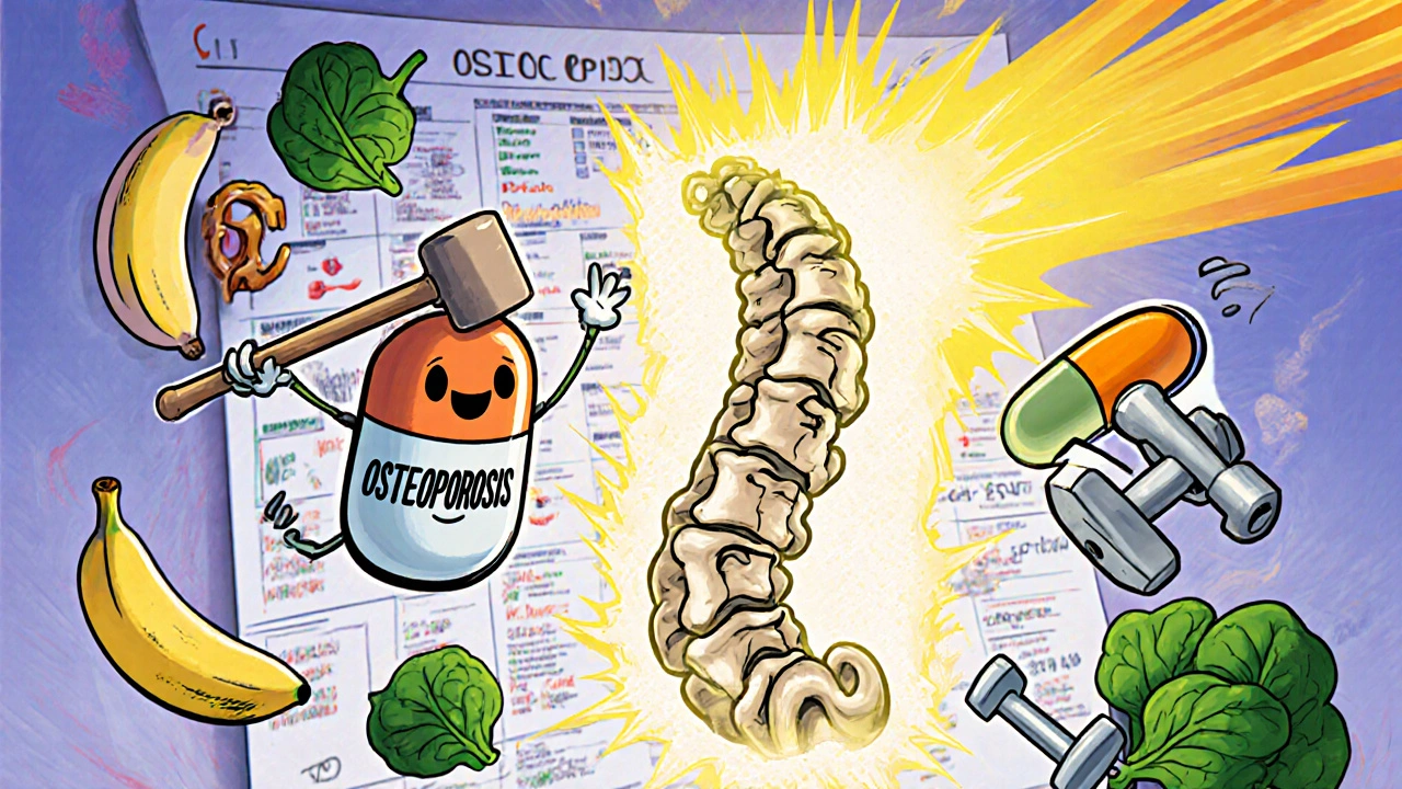 Skeleton spine under attack by a steroid pill, protected by calcium tablet and vitamin D sunbeam with healthy foods nearby.