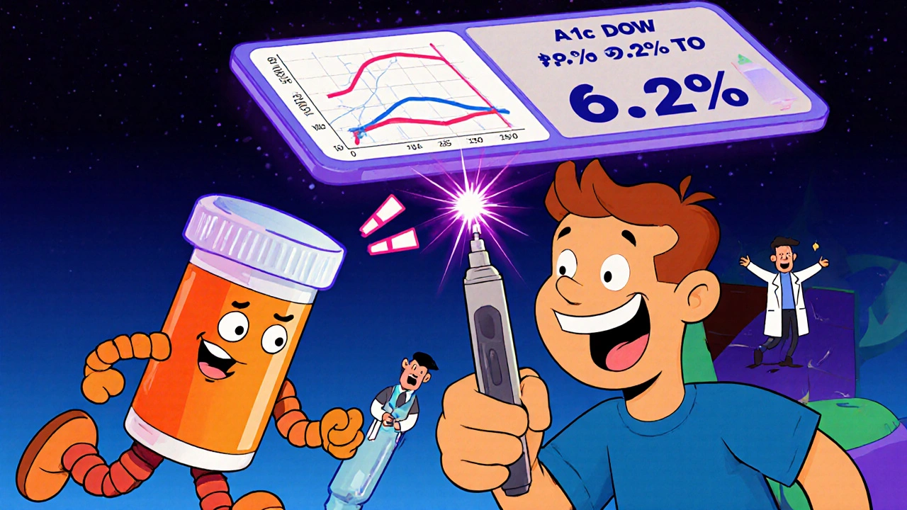 Smart insulin pen syncing with floating CGM data in vibrant cartoon style