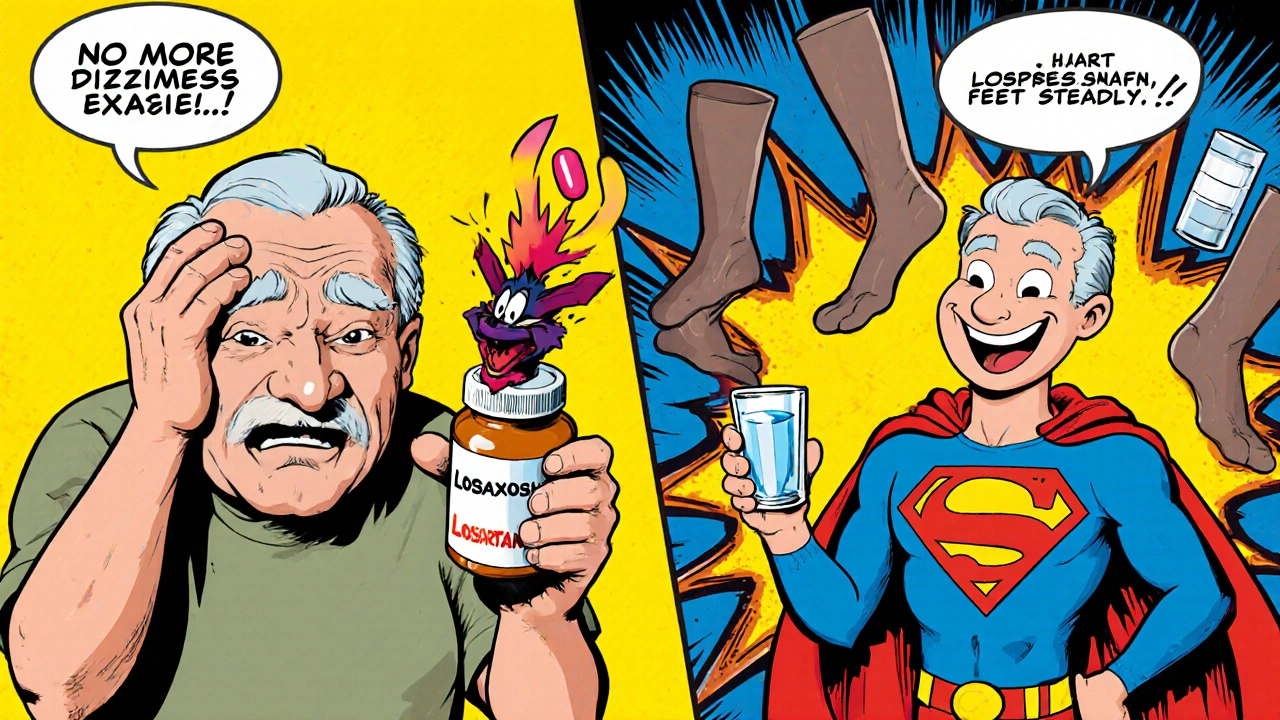 Split cartoon scene: one side shows dizzy senior with dangerous pill, other side shows happy senior with safe pill and superhero accessories.