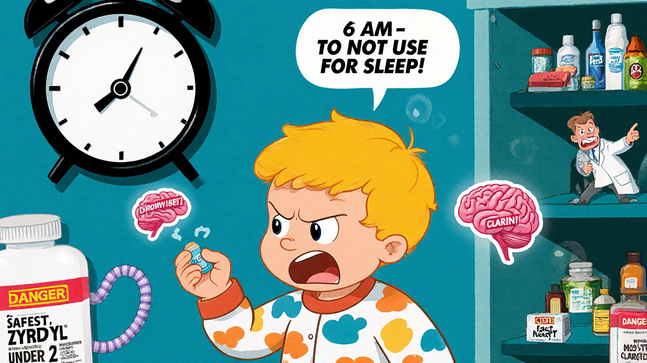 Toddler trying to eat a Claritin tablet like candy, with a doctor warning against using antihistamines for sleep.