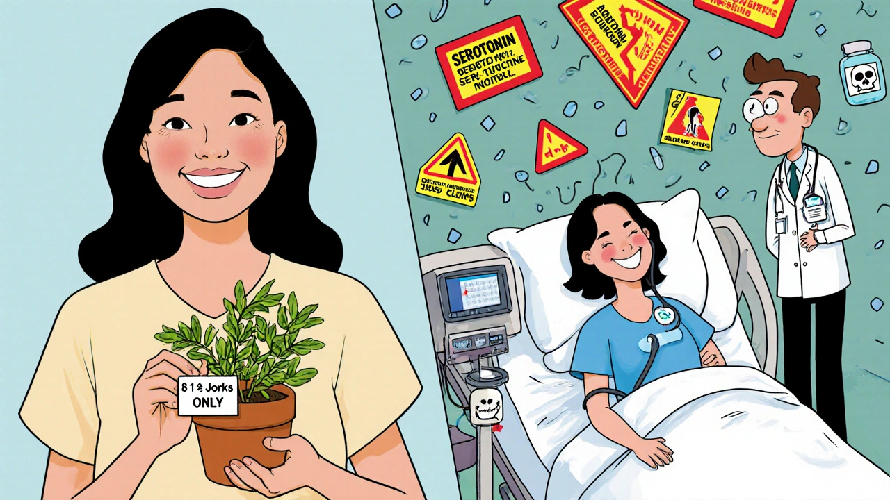 Woman smiling with herb on one side, hospitalized with warning signs on the other.