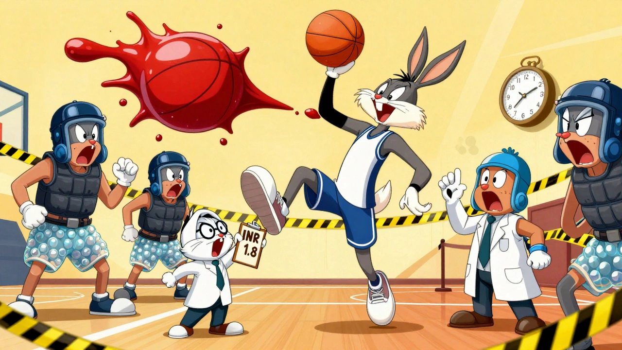 A basketball player mid-air with an exaggerated blood droplet, a doctor holding an INR clipboard, teammates in padded gear.