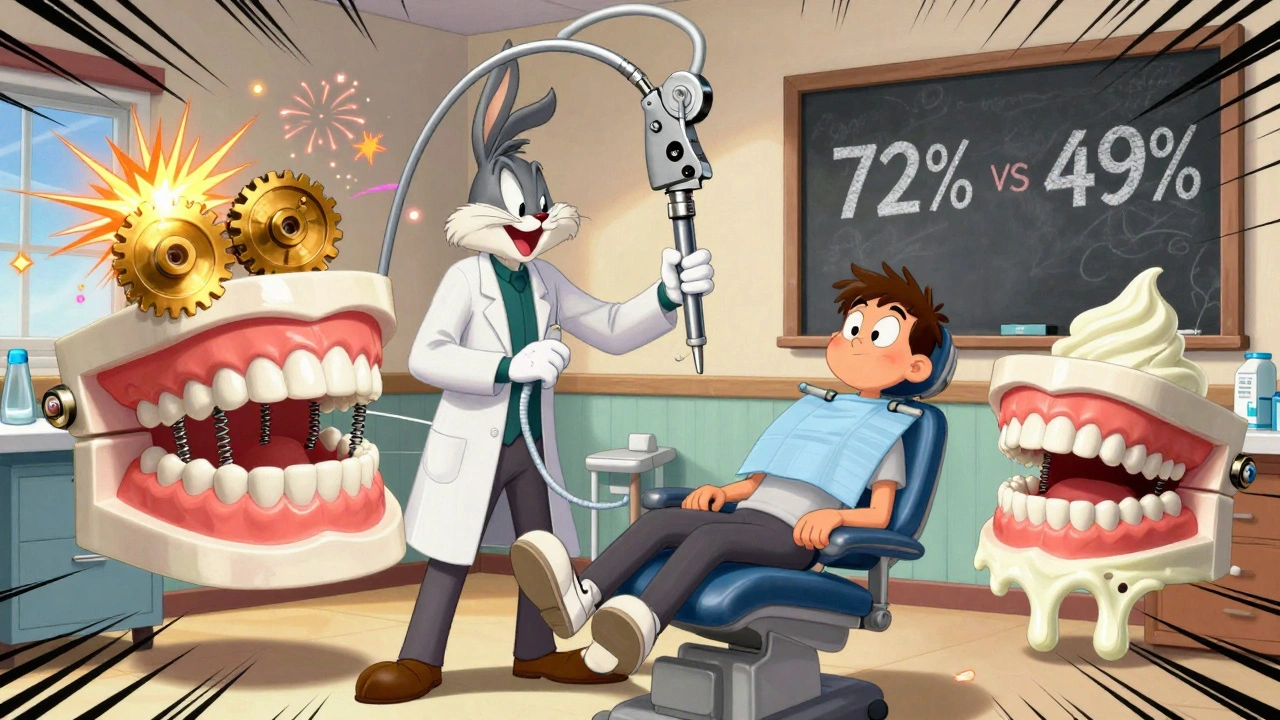 A cartoon dentist holds a giant adjustable jaw device beside two mouth models, one shiny and precise, the other melting.