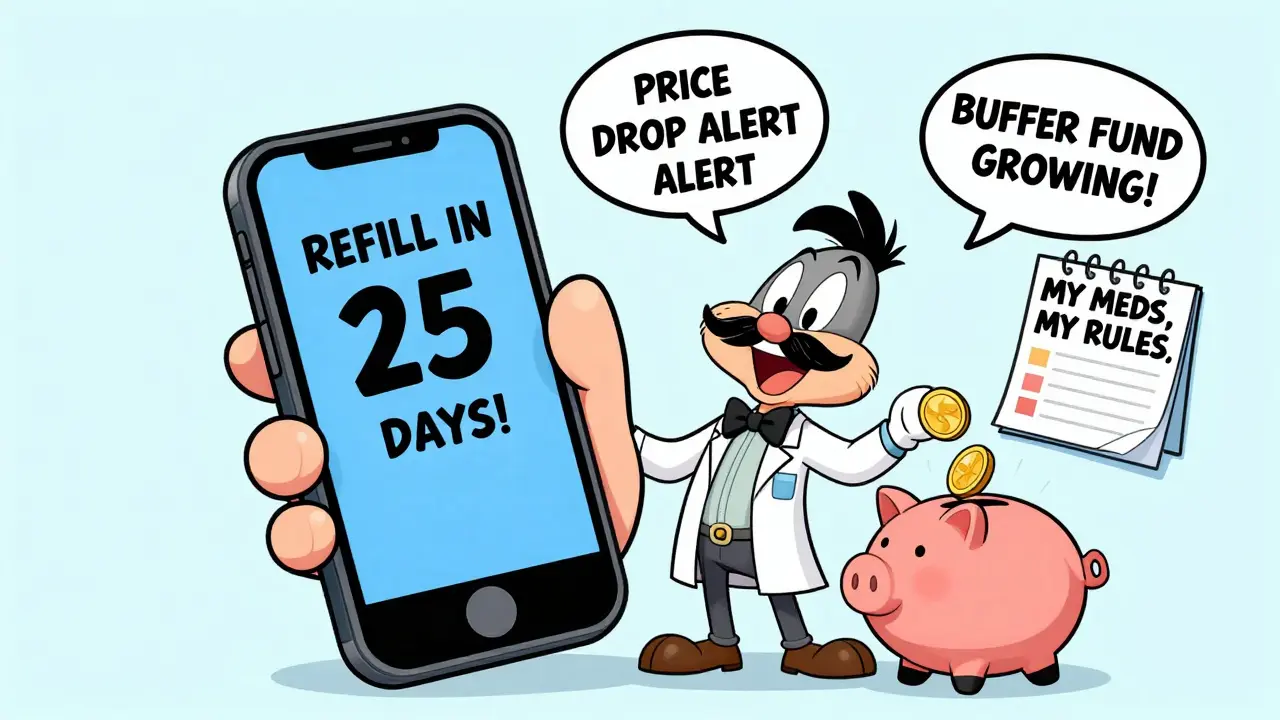 A cheerful pharmacist and person celebrating with refill alerts and a pill-shaped piggy bank.