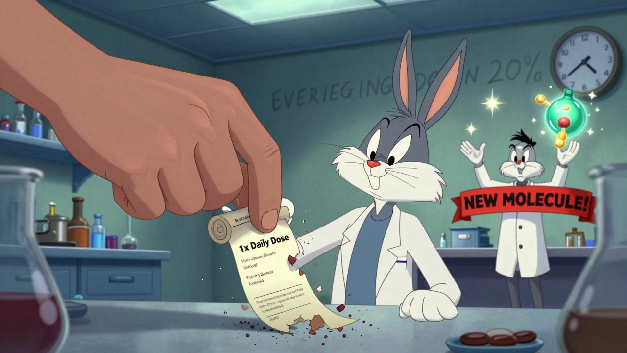 A crumbling dosage patent falls apart as a scientist unveils a new drug compound in Looney Tunes style.