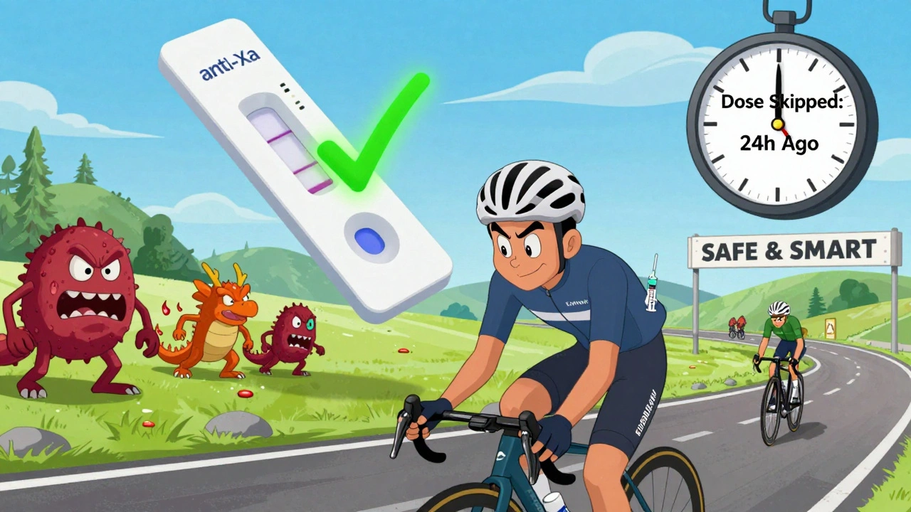 A cyclist with a syringe in his pocket, a glowing anti-Xa test strip above him, chasing clot monsters in a cartoon landscape.