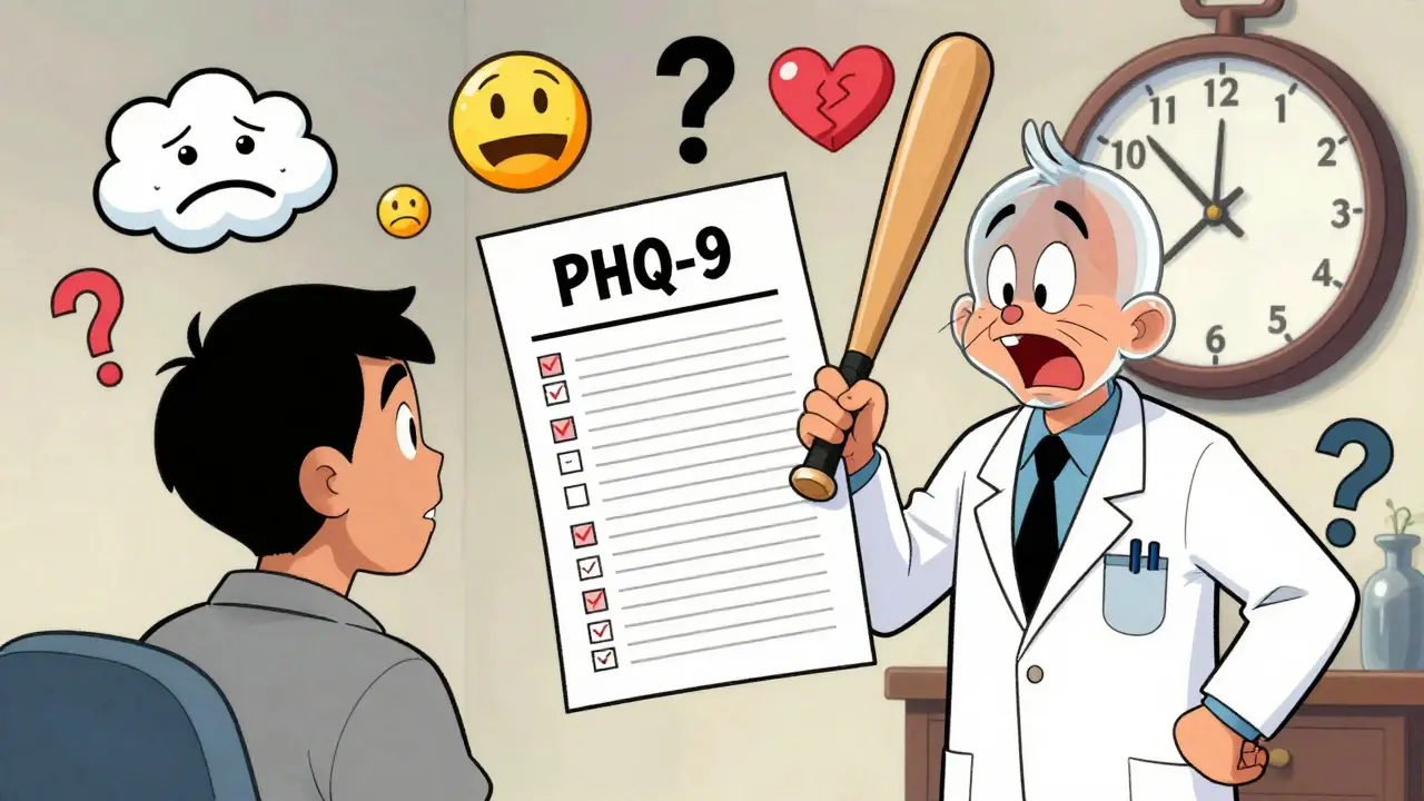 A doctor holds a giant mood questionnaire as a patient’s body turns into question marks, with floating emotion icons in a cartoon clinic.
