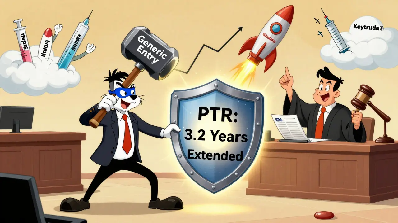 A generic drug lawyer attacks a glowing patent shield labeled 'PTR Extended' in a cartoon courtroom.