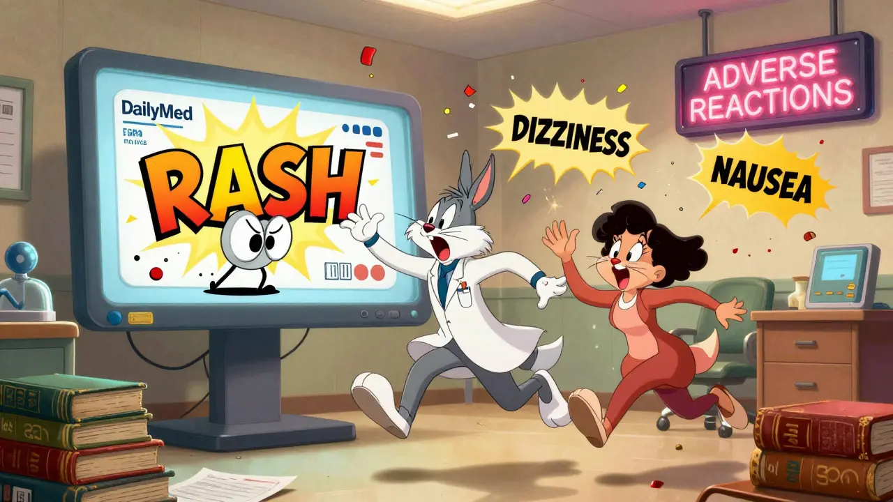 A giant animated rash bursts from a DailyMed label as doctor and mother react, with outdated medical books exploding in the background.