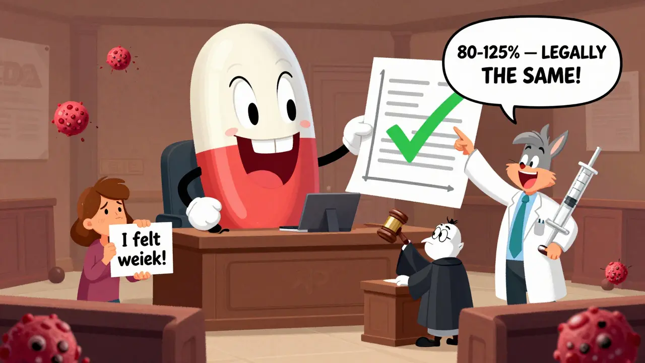 A giant generic pill on trial in a cartoon courtroom with FDA judge and anxious patient.