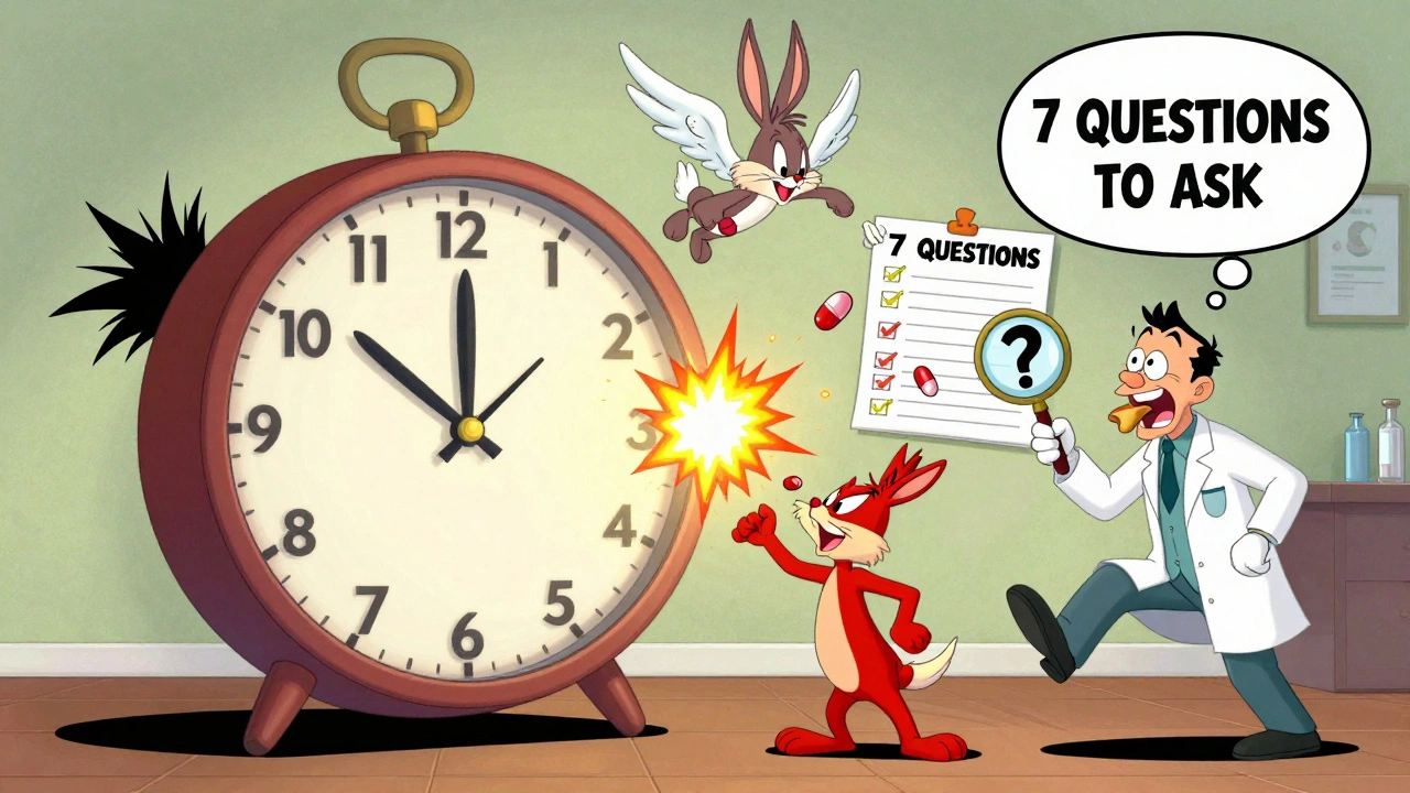 A patient overwhelmed by pills with a pharmacist holding a giant checklist, all in exaggerated Looney Tunes style.
