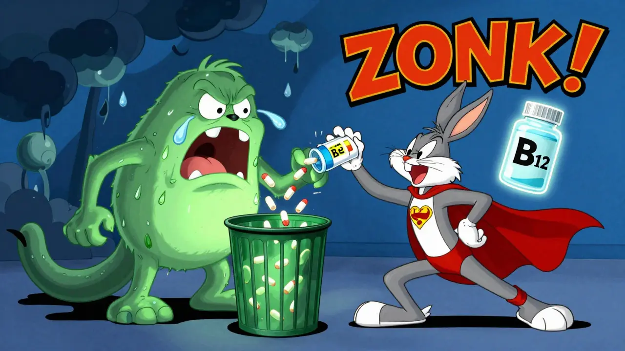 A person throws away pills as a dark depression monster attacks, rescued by a superhero vitamin B12 with a ZONK! sound effect.