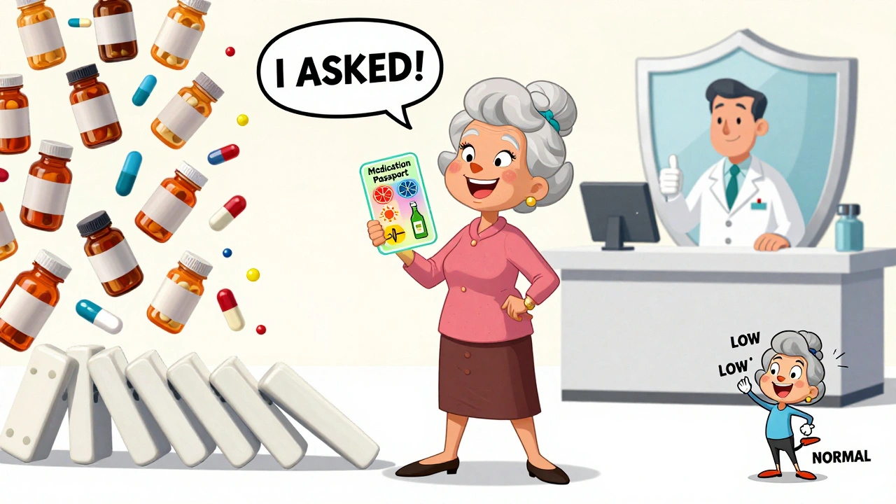 An elderly woman holding a glowing medication passport as chaotic pills fall behind her in cartoon style.