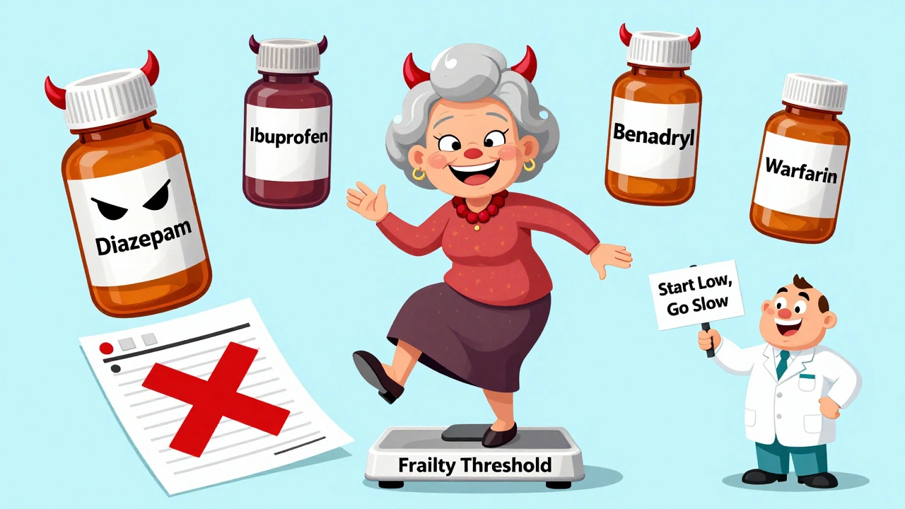 An older woman surrounded by villainous drug bottles in a Looney Tunes scene.