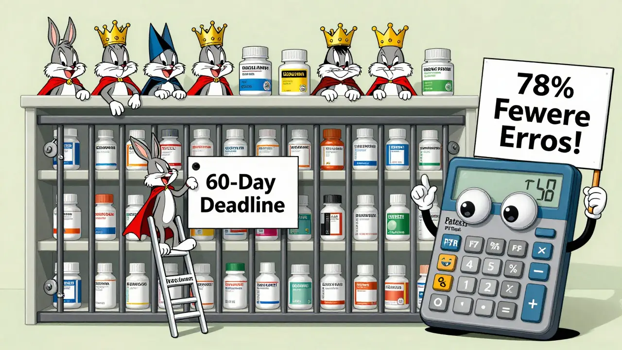 Branded drugs wear crowns on a shelf while generics try to climb a gate marked '60-Day Deadline'.