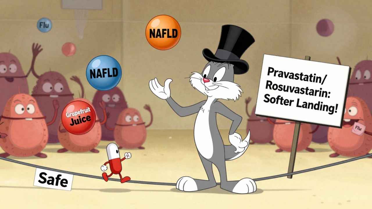 Cartoon liver juggles causes of enzyme spikes as a statin pill walks safely by.