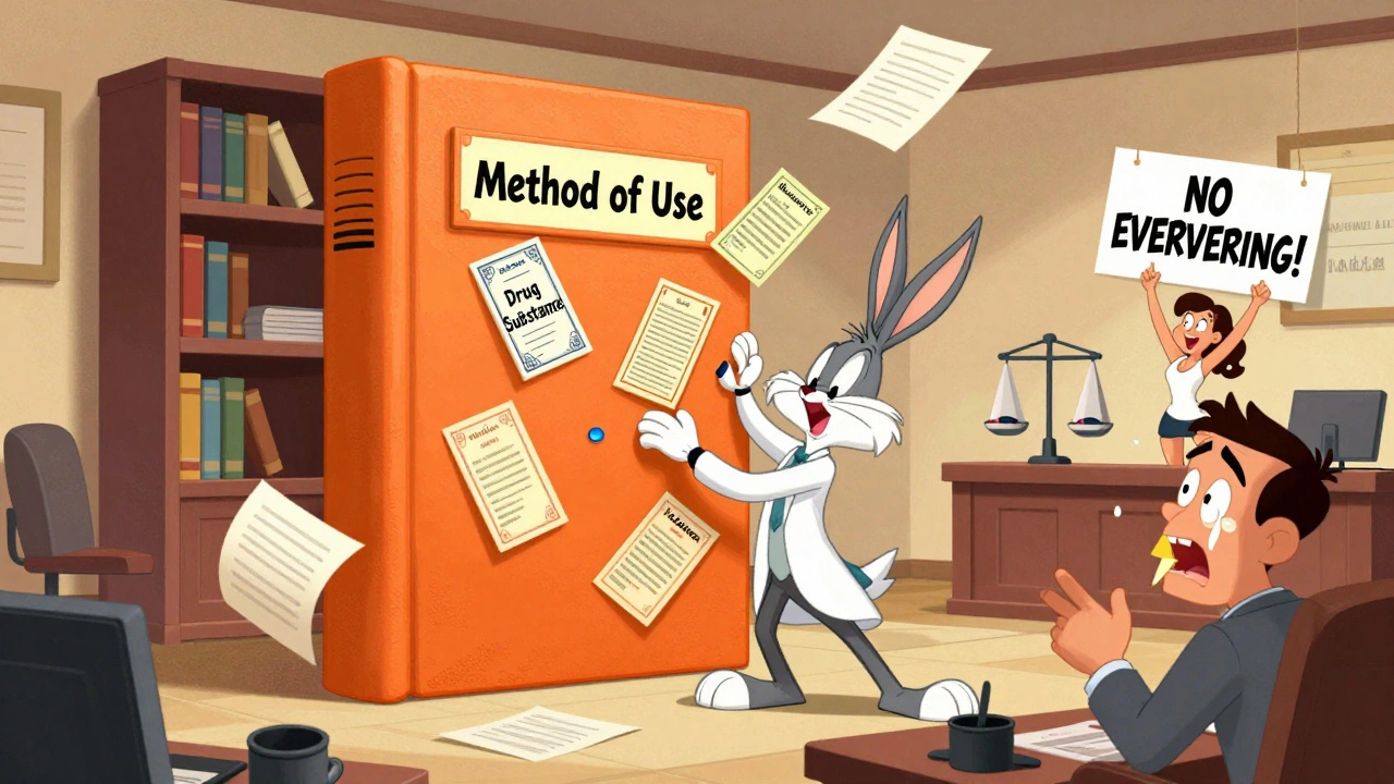 Cartoon of a giant Orange Book shedding invalid patents while generic and brand drug makers battle in court.