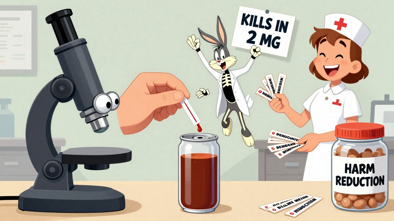 Cartoon test strip showing one red line as a skeleton panics, nurse hands out free strips