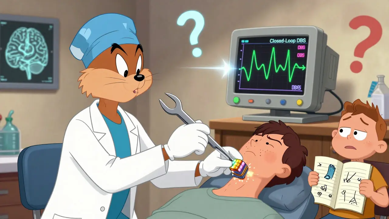 Comical neurosurgeon adjusting a brain battery with a tuning fork, wavy brain waves being fixed.