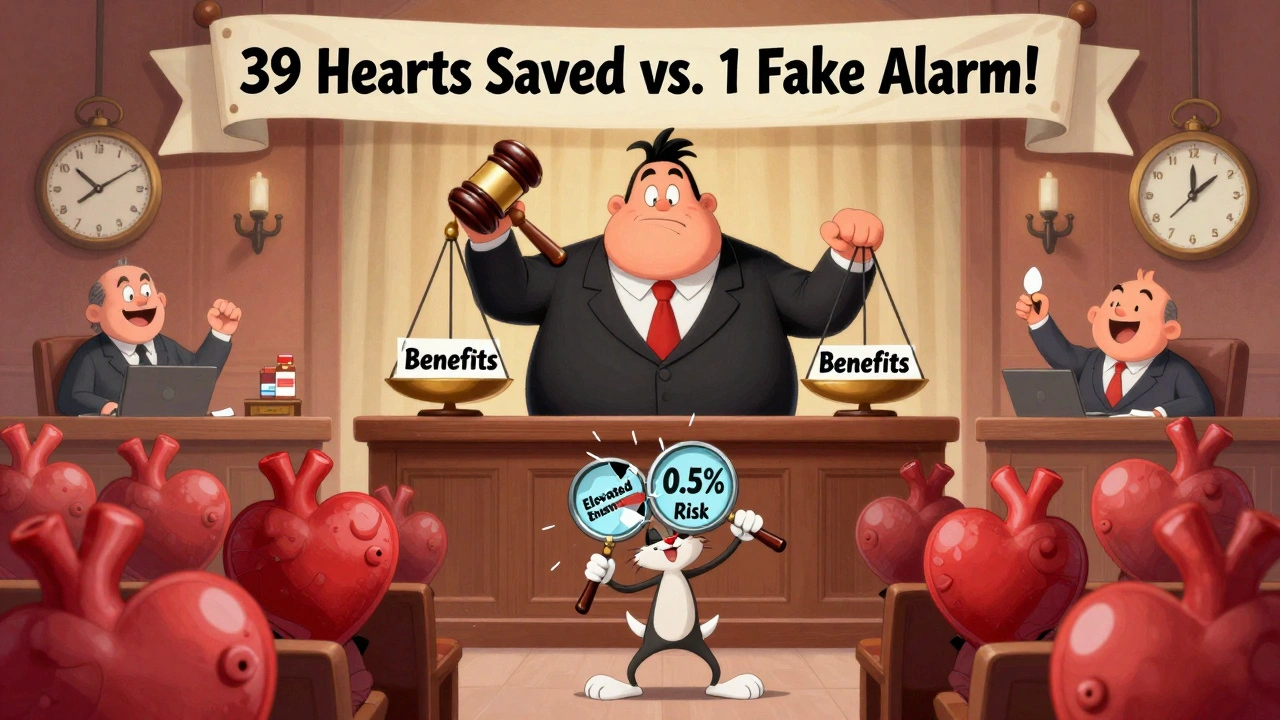 Courtroom scene showing statin benefits vastly outweighing rare enzyme spikes.